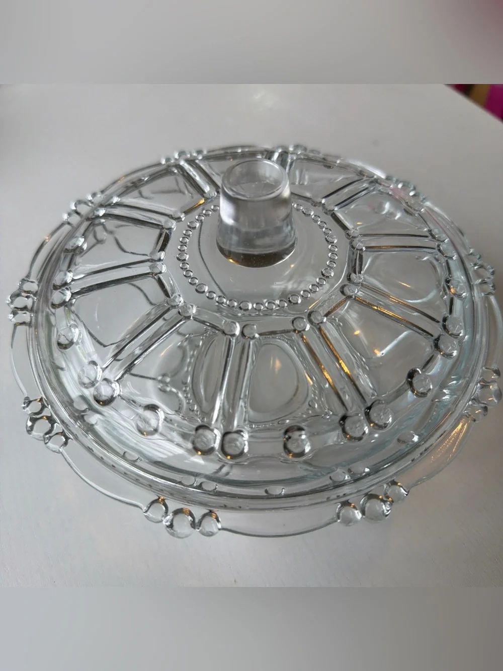 Vintage Clear Glass Covered Candy Dish Trinket Jewelry Bowl Beaded Lid 7”